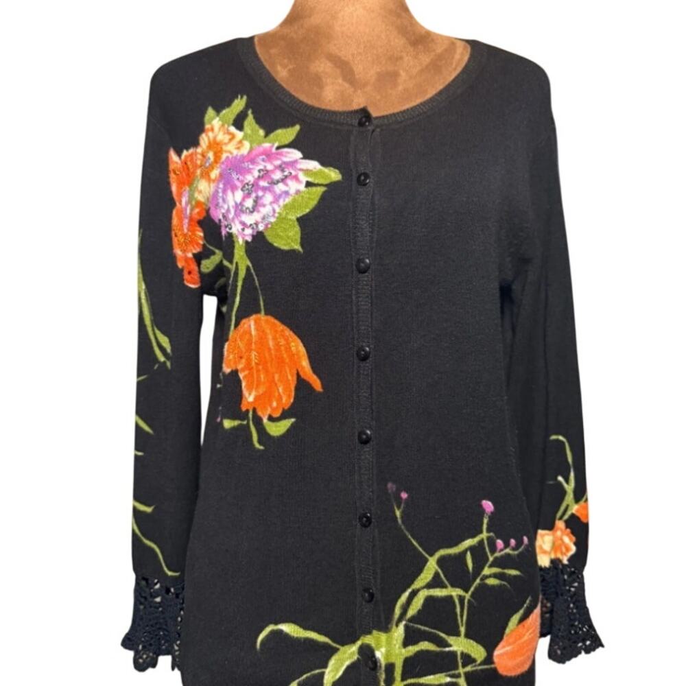 Vintage 80's Elizabeth New York Beaded Floral Cardigan Crochet Cuffs M